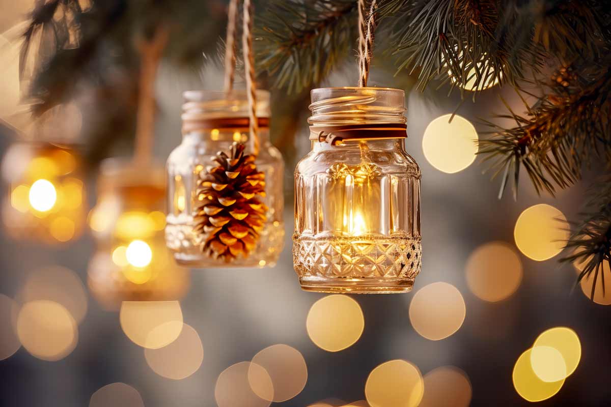 barattoli di vetro luminosi appesi sull'albero di Natale