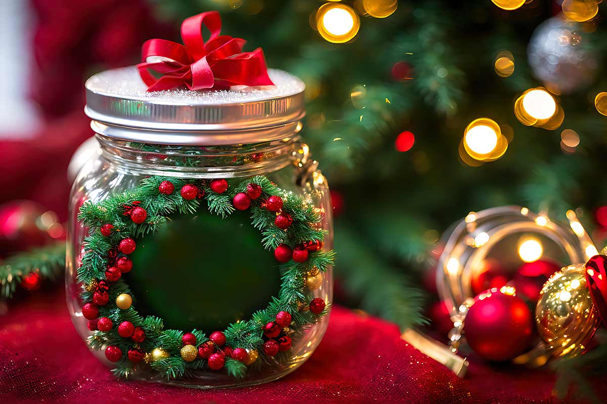barattolo di vetro riciclato in decorazione natalizia