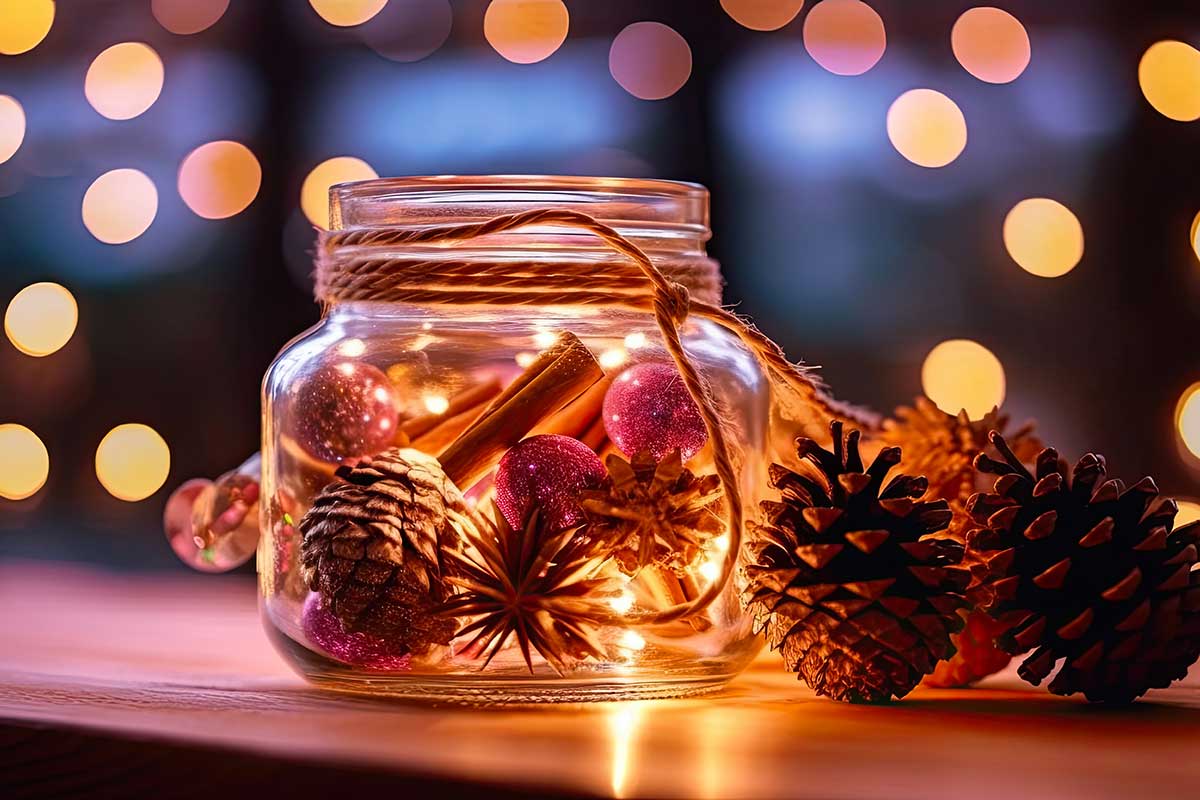 decorare un vaso con le pigne per Natale