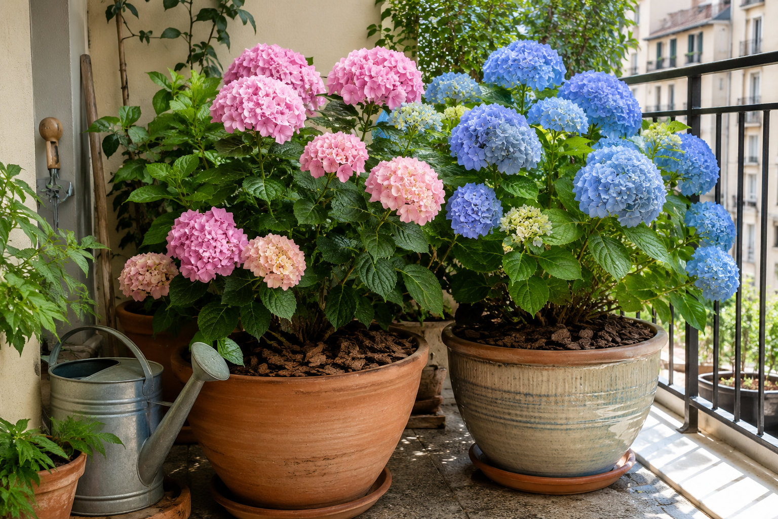 Ortensie in vaso su balcone ombreggiato a fine giugno
