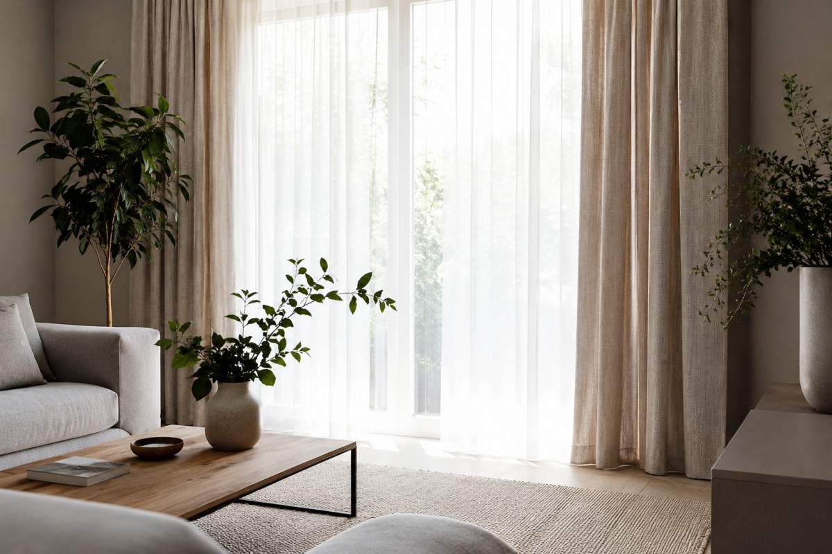 Soggiorno con tende stratificate e luce estiva filtrata