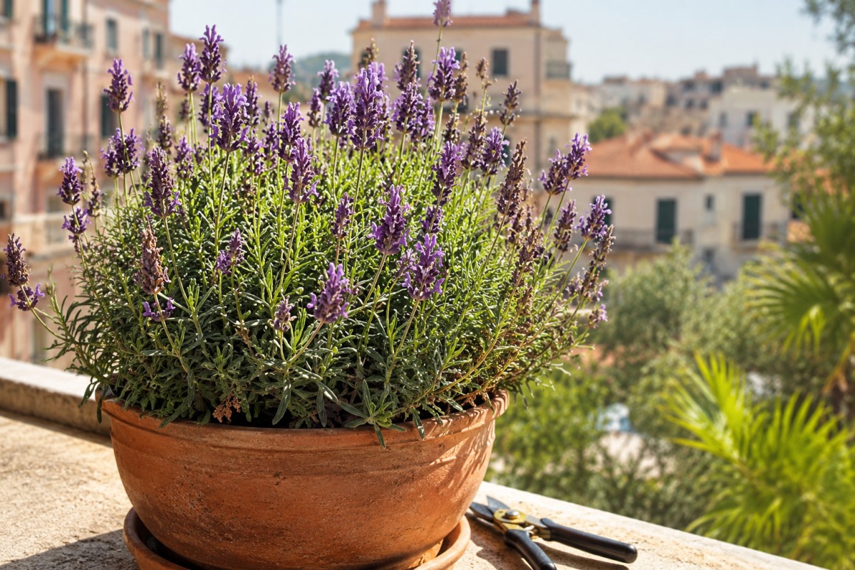 Lavanda in vaso su balcone con forbici da potatura