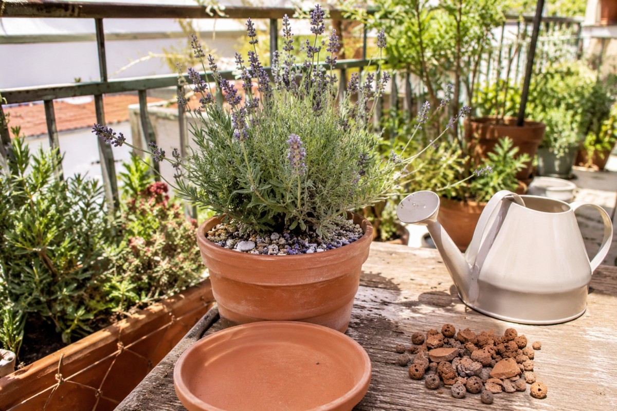 Vaso di lavanda con terriccio drenante e sottovaso vuoto
