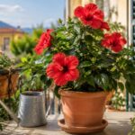 Ibisco in vaso su balcone luminoso durante una giornata calda di fine giugno