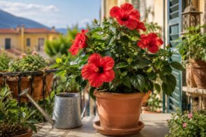 Ibisco in vaso su balcone luminoso durante una giornata calda di fine giugno