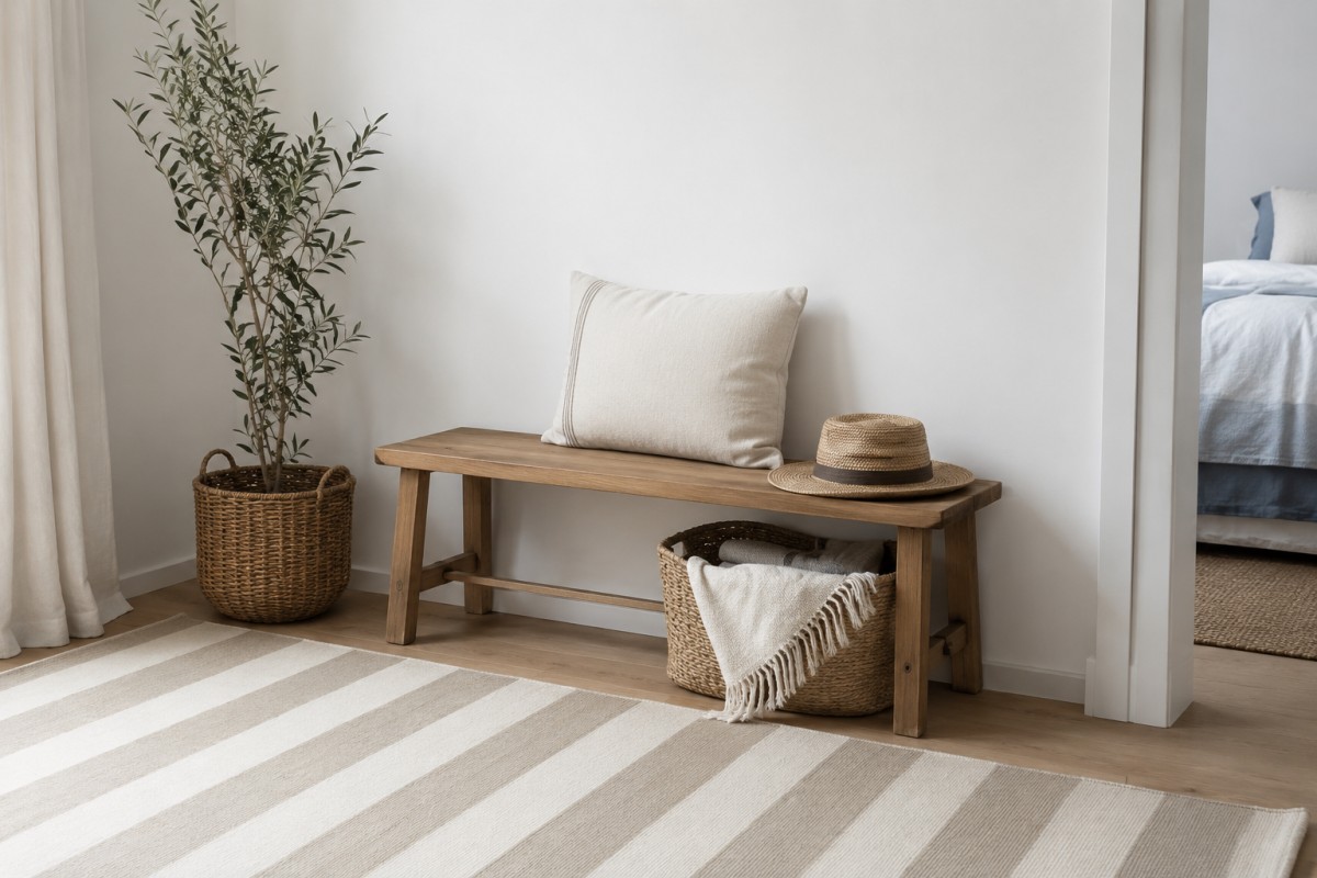 Ingresso con tappeto a righe, panca in legno e cesto naturale