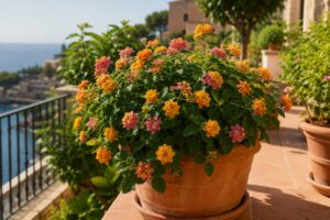 Lantana fiorita in vaso su balcone assolato di fine giugno