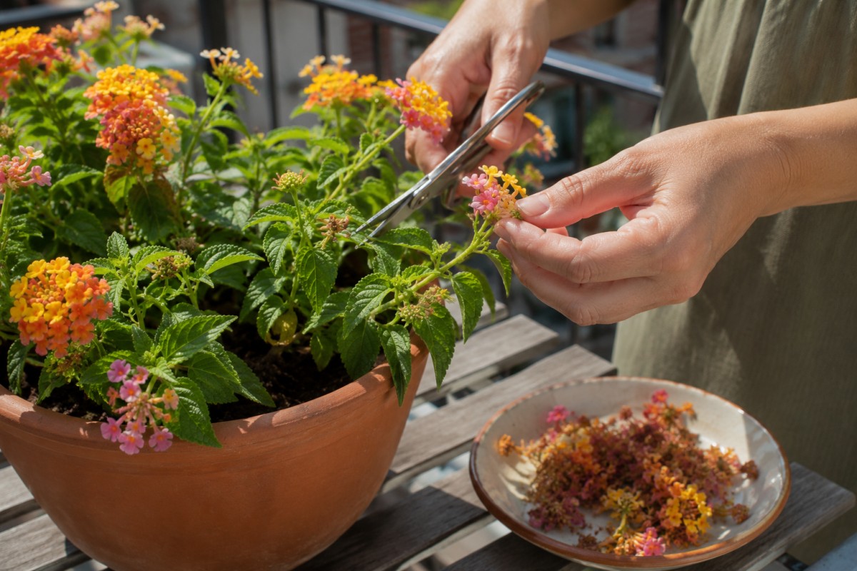 Taglio leggero dei fiori secchi su una lantana coltivata in vaso