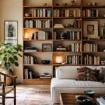 Soggiorno luminoso con libreria vissuta, libri veri e ceramiche artigianali