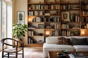 Soggiorno luminoso con libreria vissuta, libri veri e ceramiche artigianali
