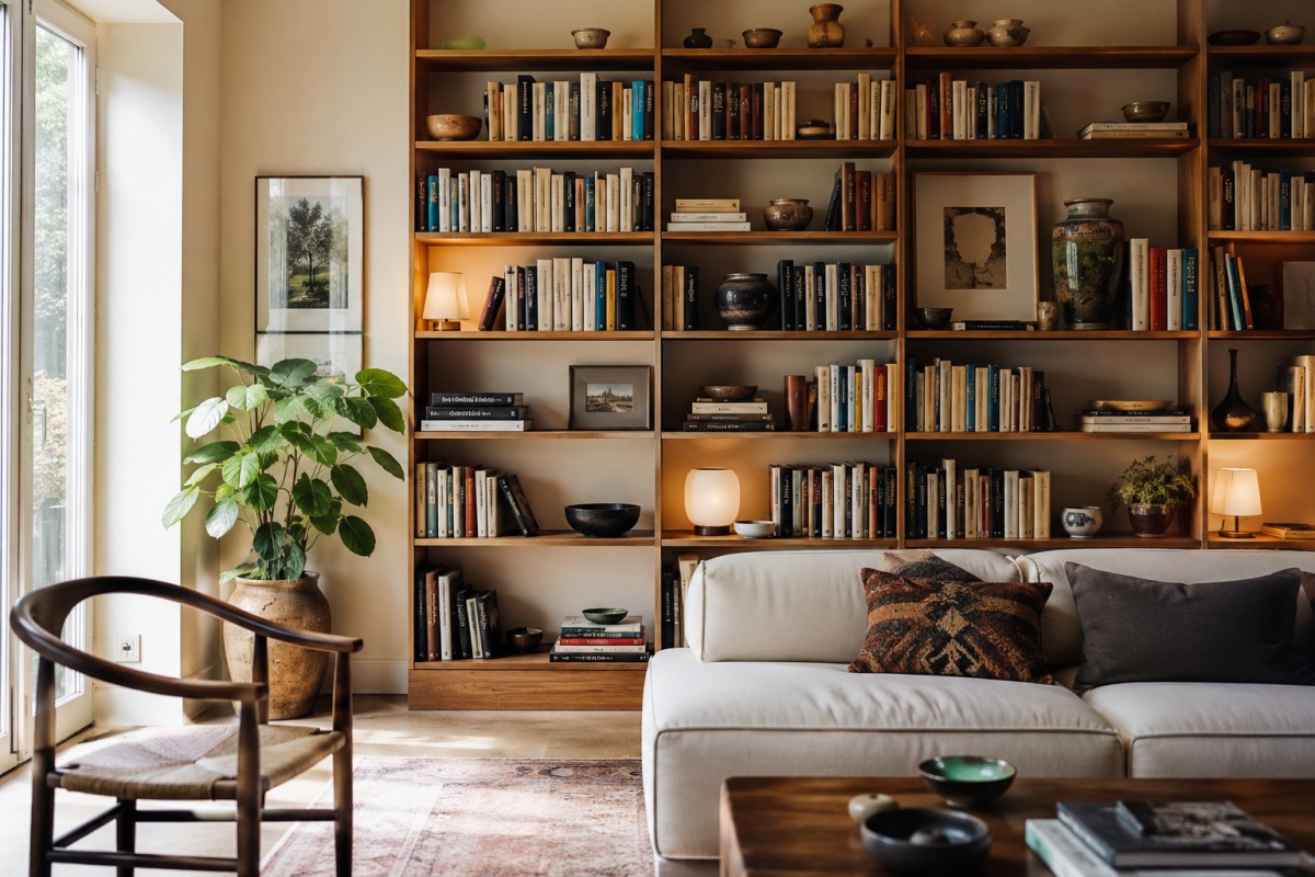 Soggiorno luminoso con libreria vissuta, libri veri e ceramiche artigianali