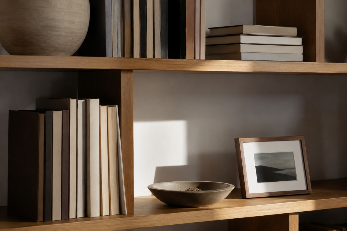 Dettaglio di mensole con libri, vaso in ceramica e cornice personale