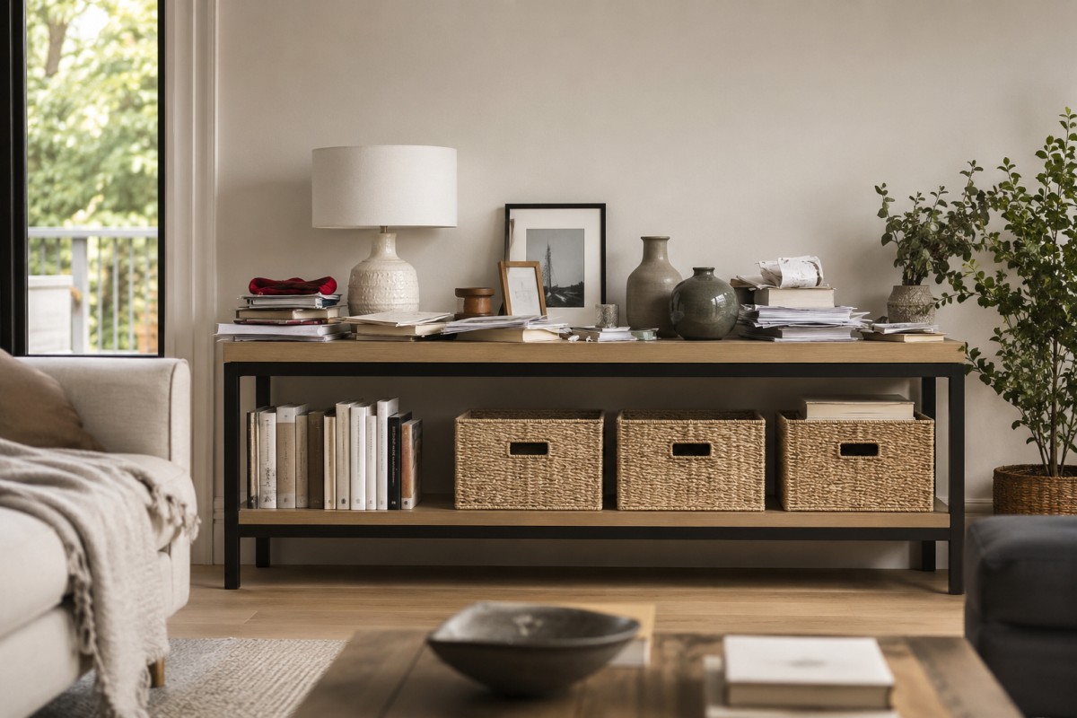 Mensole ordinate con cesti naturali, libri e oggetti decorativi distanziati