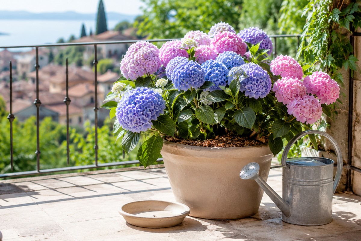 Ortensia in vaso su balcone estivo con foglie leggermente mosce e pacciamatura