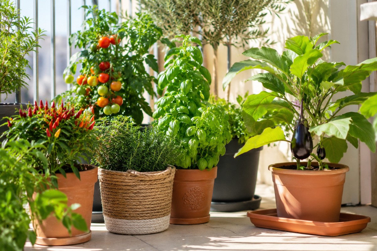 Micro orto in vaso su balcone con pomodorini peperoncini basilico e mini melanzane