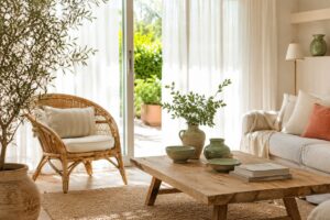 Soggiorno estivo luminoso con lino rattan legno chiaro e ceramica opaca