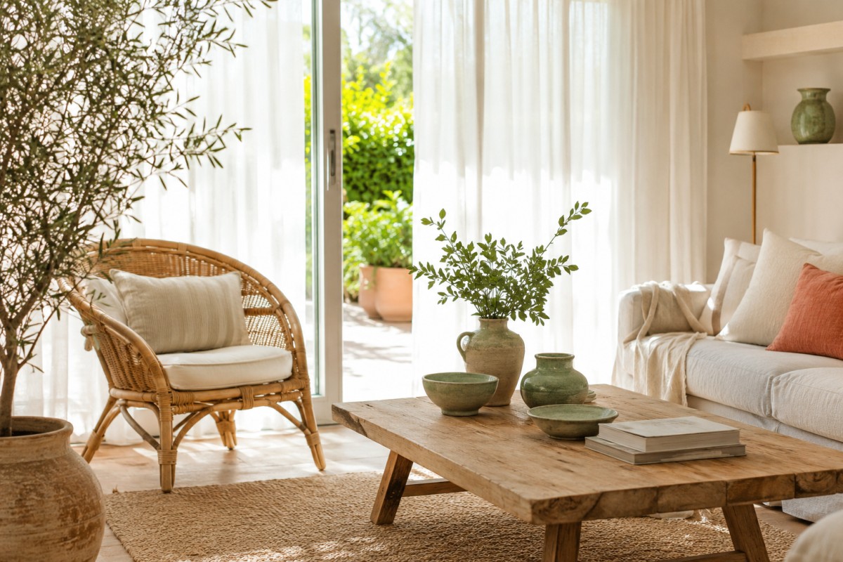 Soggiorno estivo luminoso con lino rattan legno chiaro e ceramica opaca