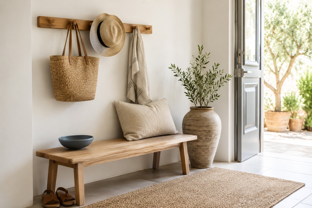 Ingresso estivo con panca in legno tappeto in juta e accessori in ceramica