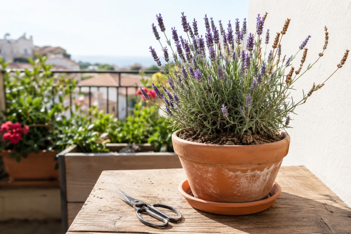 Lavanda in vaso su balcone assolato con spighe da controllare