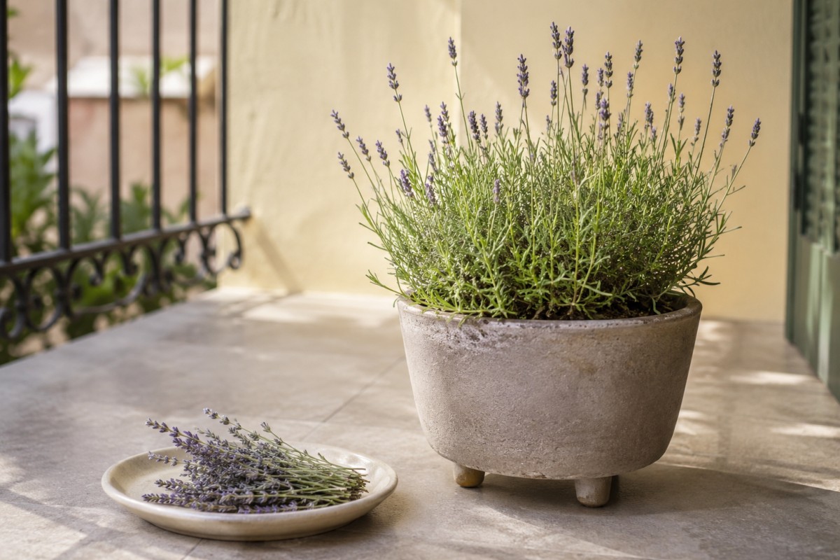 Lavanda in vaso potata con spighe secche raccolte accanto