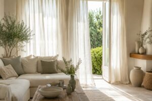 Soggiorno luminoso con tende leggere in lino e luce estiva filtrata