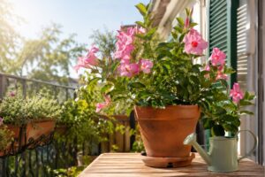 Dipladenia in vaso fiorita su balcone assolato
