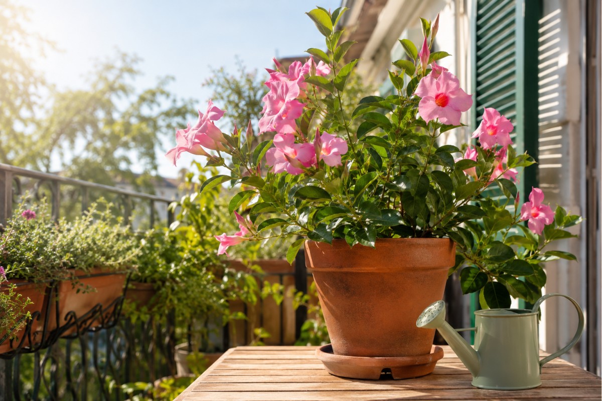 Dipladenia in vaso fiorita su balcone assolato