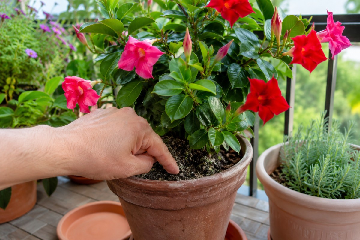 Controllo del terreno di una dipladenia in vaso prima di annaffiare