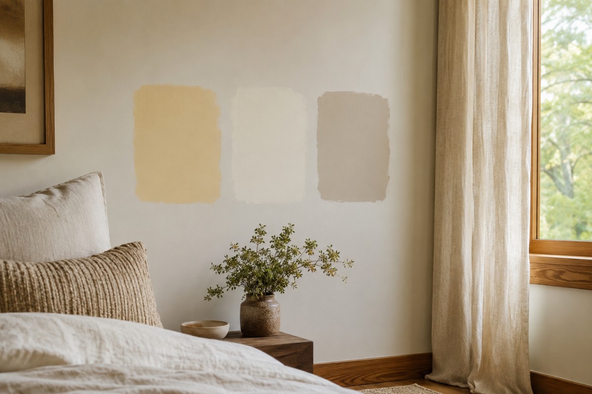 Campioni di pittura color burro e avorio caldo su parete della camera