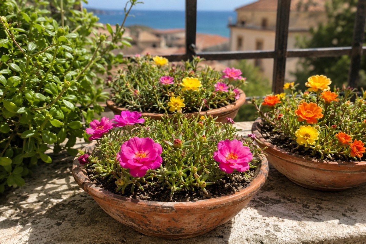 Portulaca colorata in vaso basso su balcone assolato