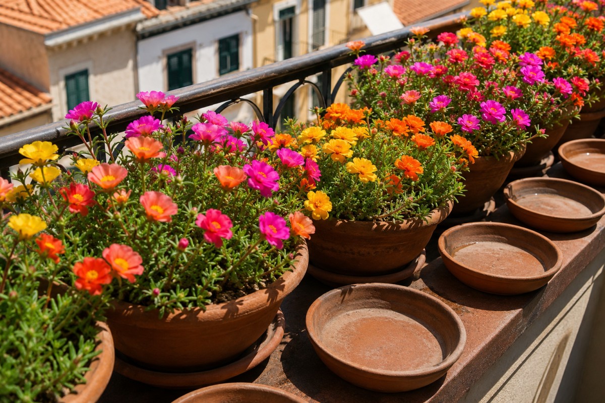 Vasi di portulaca in pieno sole lungo la ringhiera del balcone