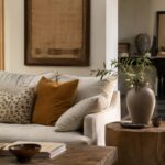 Soggiorno luminoso con decorazioni non coordinate in ceramica e legno naturale