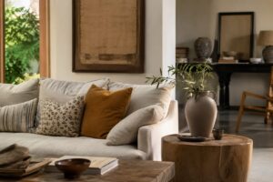 Soggiorno luminoso con decorazioni non coordinate in ceramica e legno naturale
