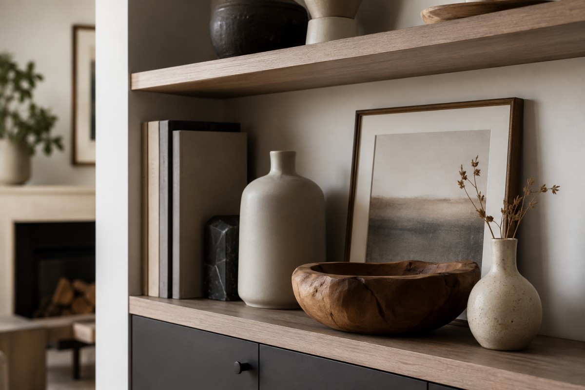 Mensola con ceramiche opache, libri e oggetti in legno naturale