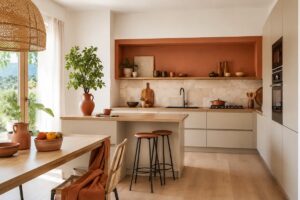 Cucina luminosa con parete terracotta e dettagli in legno chiaro