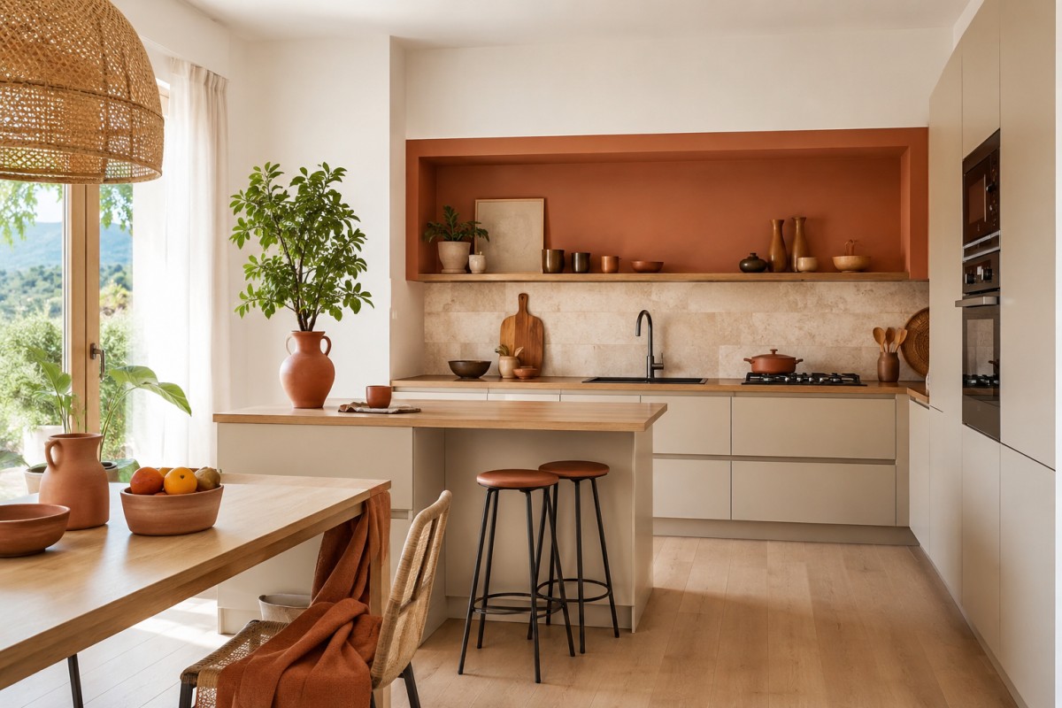Cucina luminosa con parete terracotta e dettagli in legno chiaro