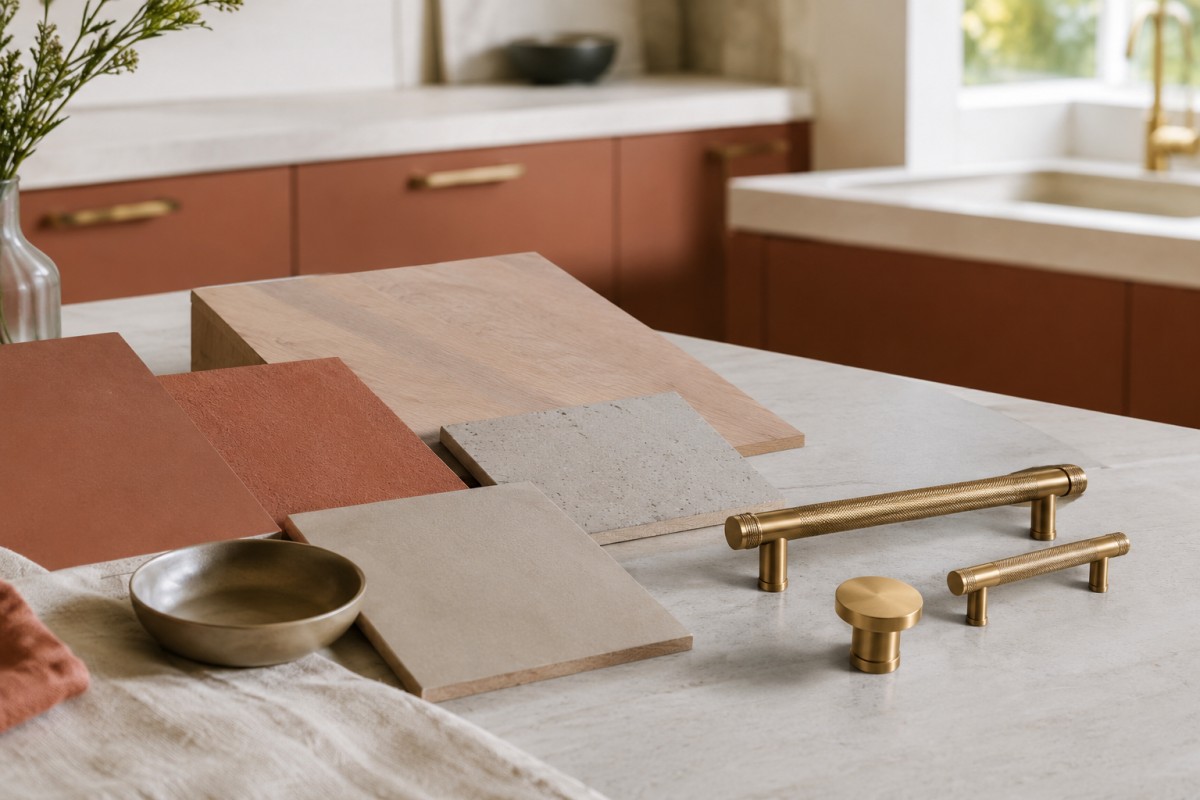 Campioni terracotta con legno ceramica opaca e ottone su piano cucina