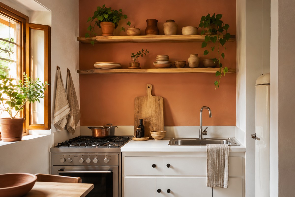 Mensole da cucina con vasi terracotta e dettagli naturali