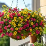 Calibrachoa colorata in vaso sospeso su balcone estivo