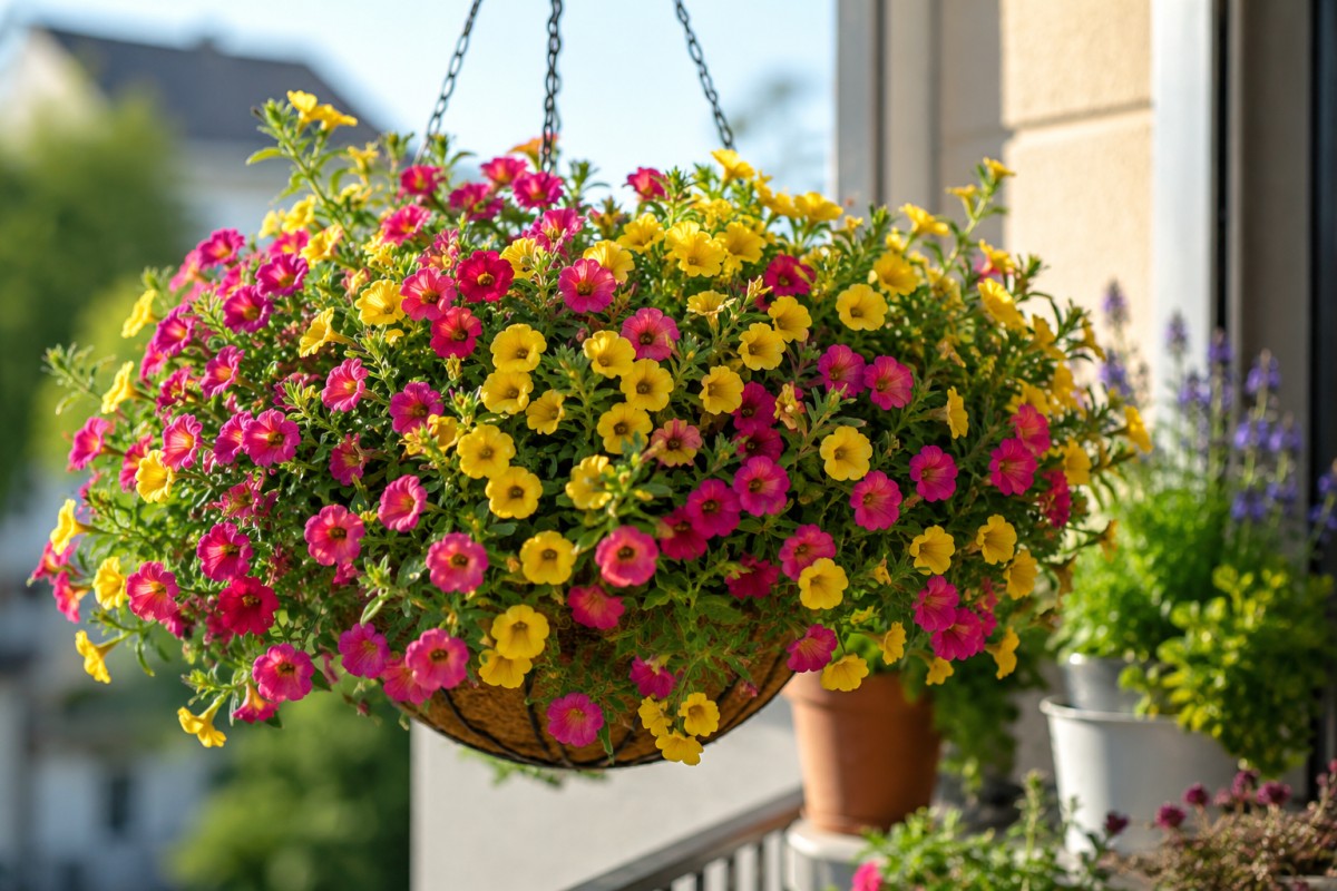 Calibrachoa colorata in vaso sospeso su balcone estivo