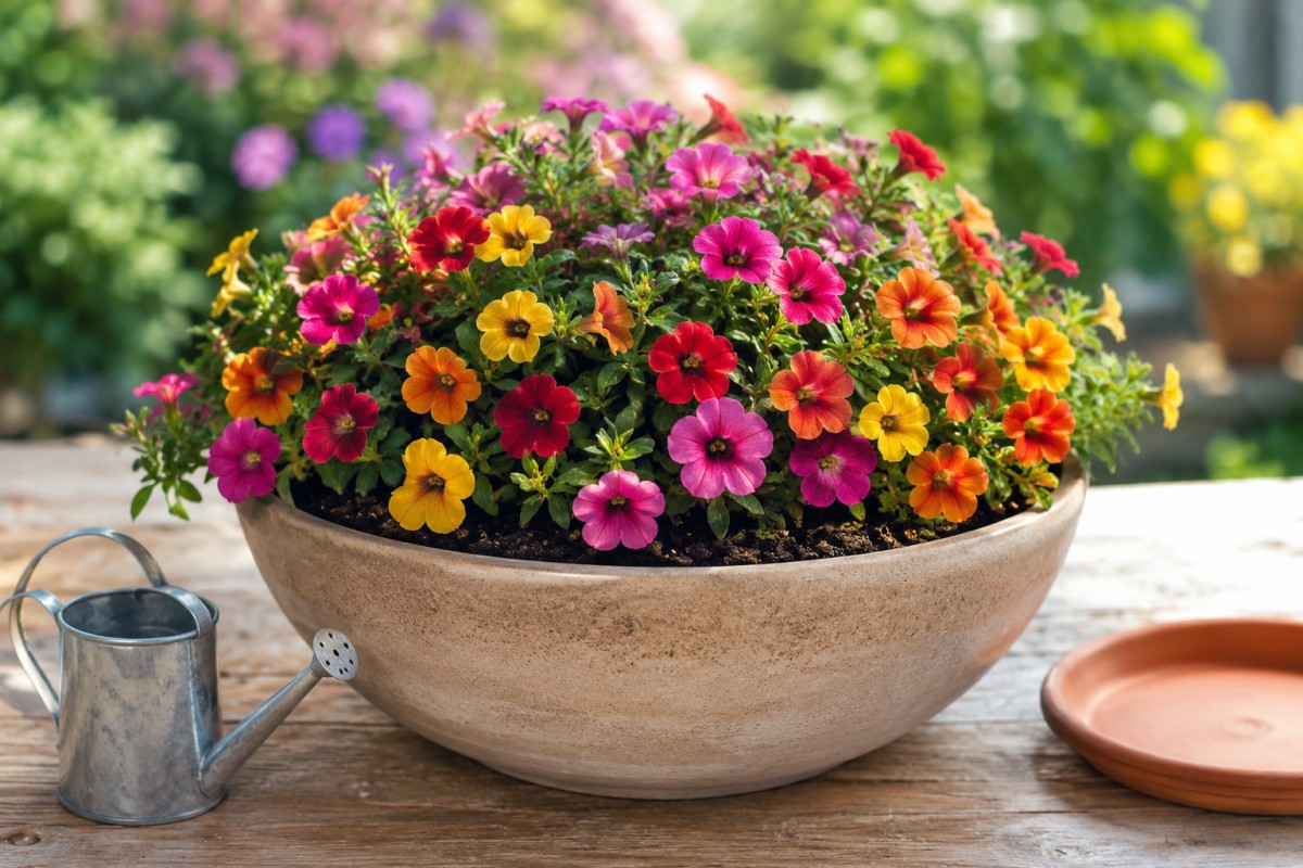 Calibrachoa in ciotola larga con annaffiatoio e sottovaso vuoto