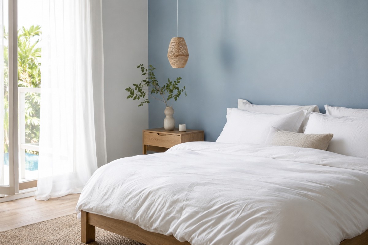 Camera da letto luminosa con parete azzurro polvere e legno chiaro