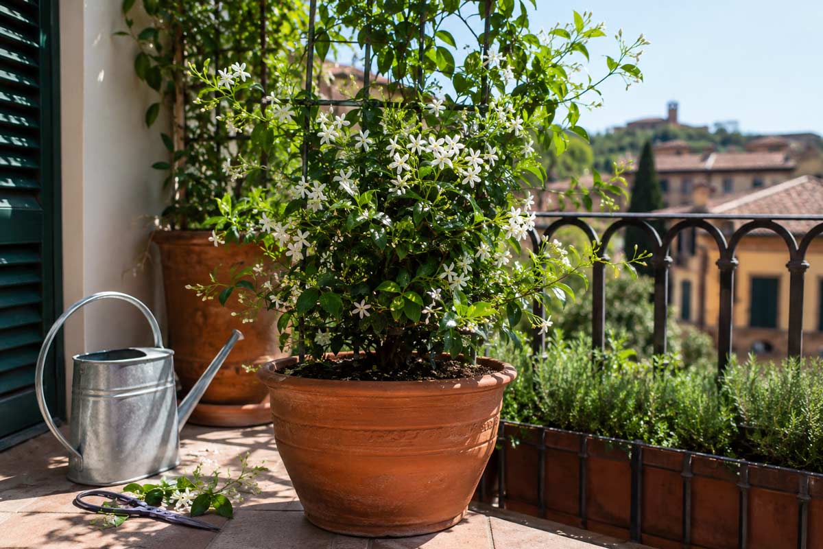 gelsomino fiorito in vaso sul balcone