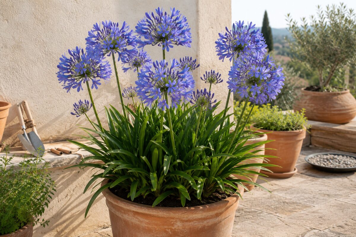Agapanto in vaso con fiori blu viola su terrazzo luminoso a fine luglio