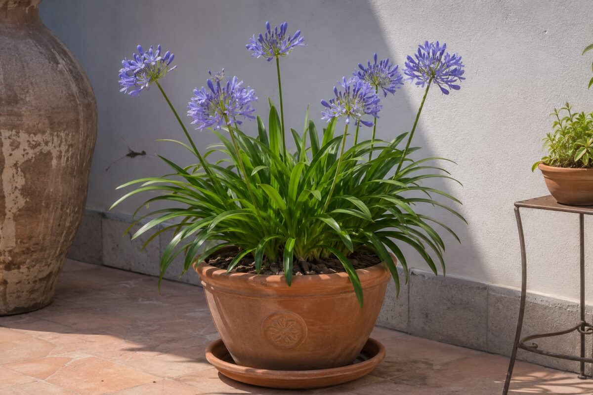 Agapanto curato dopo la rimozione dei fiori sfioriti e pacciamatura leggera