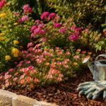 Aiuola estiva al sole con fiori colorati e pacciamatura protettiva