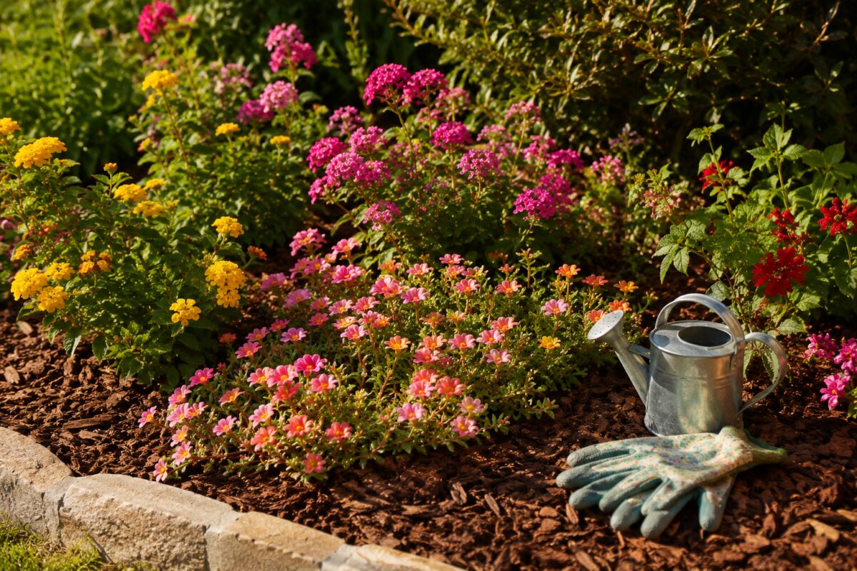 Aiuola estiva al sole con fiori colorati e pacciamatura protettiva
