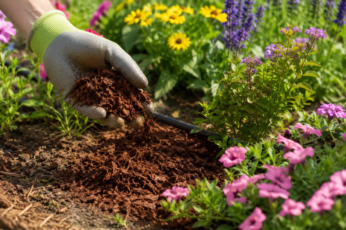 Mano che distribuisce pacciamatura intorno ai fiori in aiuola