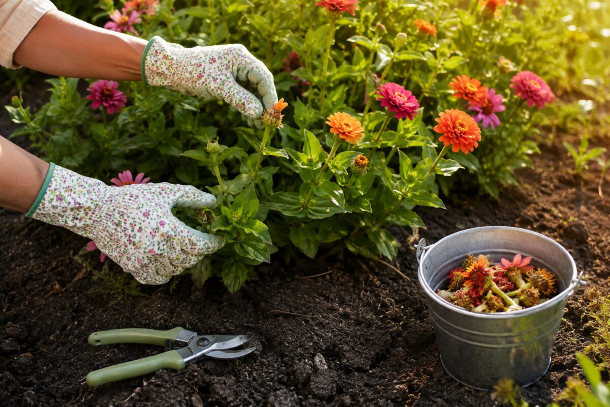 Fiori secchi rimossi da una aiuola estiva con cesoie pulite