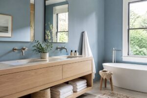 Bagno luminoso con parete blu polvere e mobile in legno chiaro